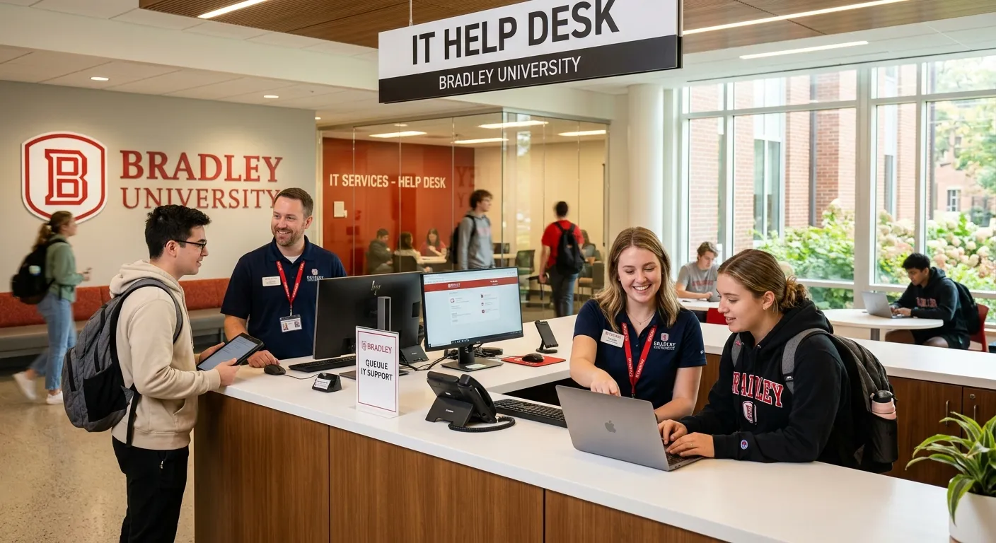 A professional, well-lit photo of a modern university IT help desk with friendly staff assisting students, featuring Bradley University branding elements in the background. Style: professional, inviting, high-resolution. Mood: Efficient and supportive.
