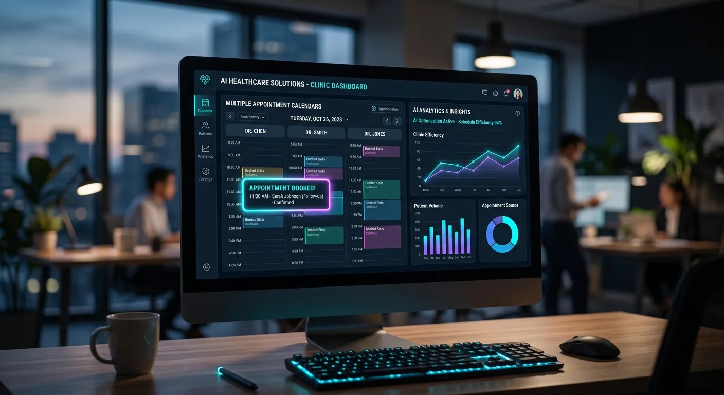 A modern, high-tech dashboard on a desktop screen showing multiple appointment calendars, AI analyti... A modern, high-tech dashboard on a desktop screen showing multiple appointment calendars, AI analytics graphs, and a glowing notification for a booked slot. Style is futuristic with a dark theme, cyan and purple UI accents, and a blurred office background. Mood is efficient, intelligent, and professional.