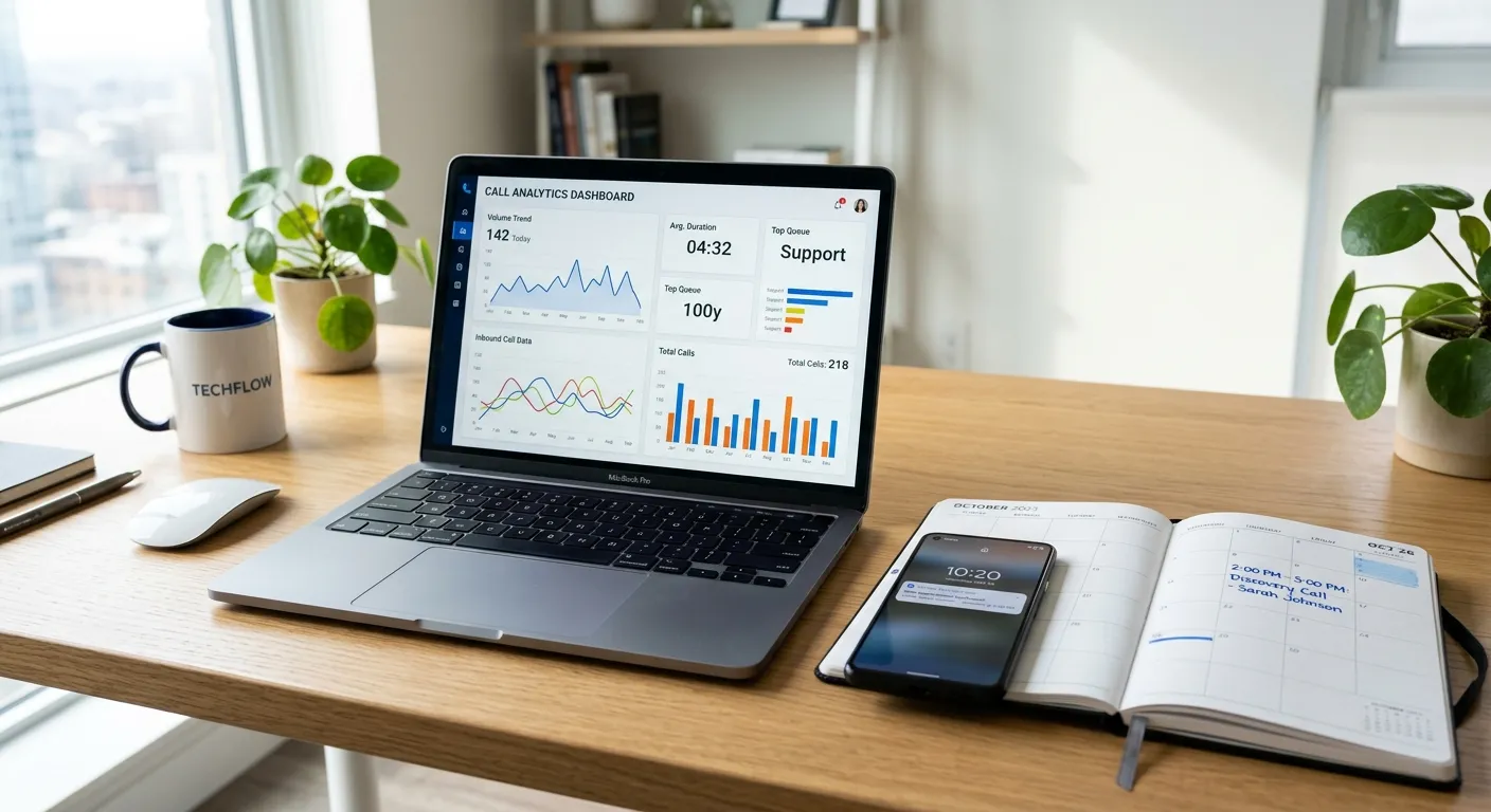 A modern, clean desktop workspace showing a laptop with a call analytics dashboard on screen, a smar... A modern, clean desktop workspace showing a laptop with a call analytics dashboard on screen, a smartphone displaying a notification from a virtual receptionist, and a calendar open to a newly booked appointment. Style: Bright, professional, and tech-focused.
