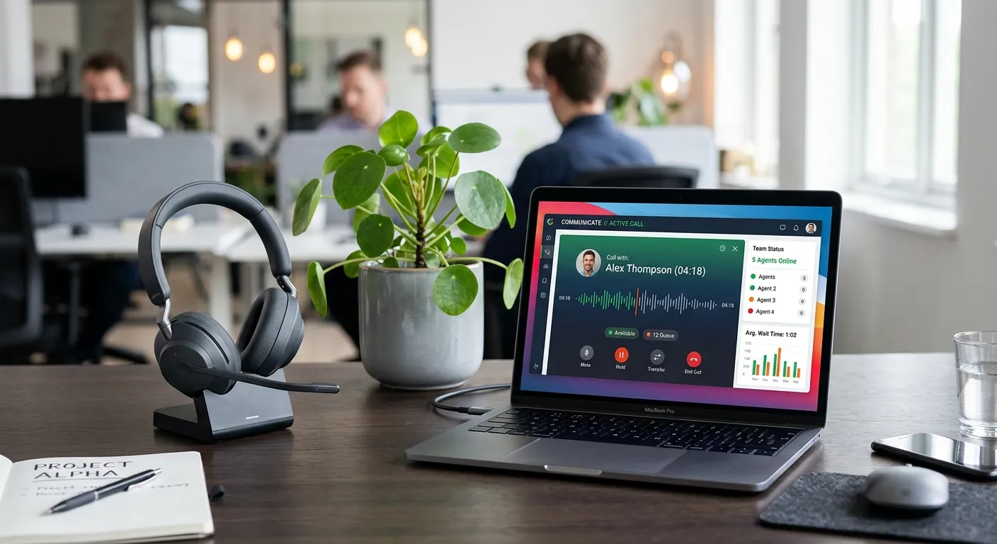 A professional, modern office scene showing a laptop screen with a call dashboard interface, a headset, and a plant on a desk. The mood is efficient, clean, and technologically advanced.