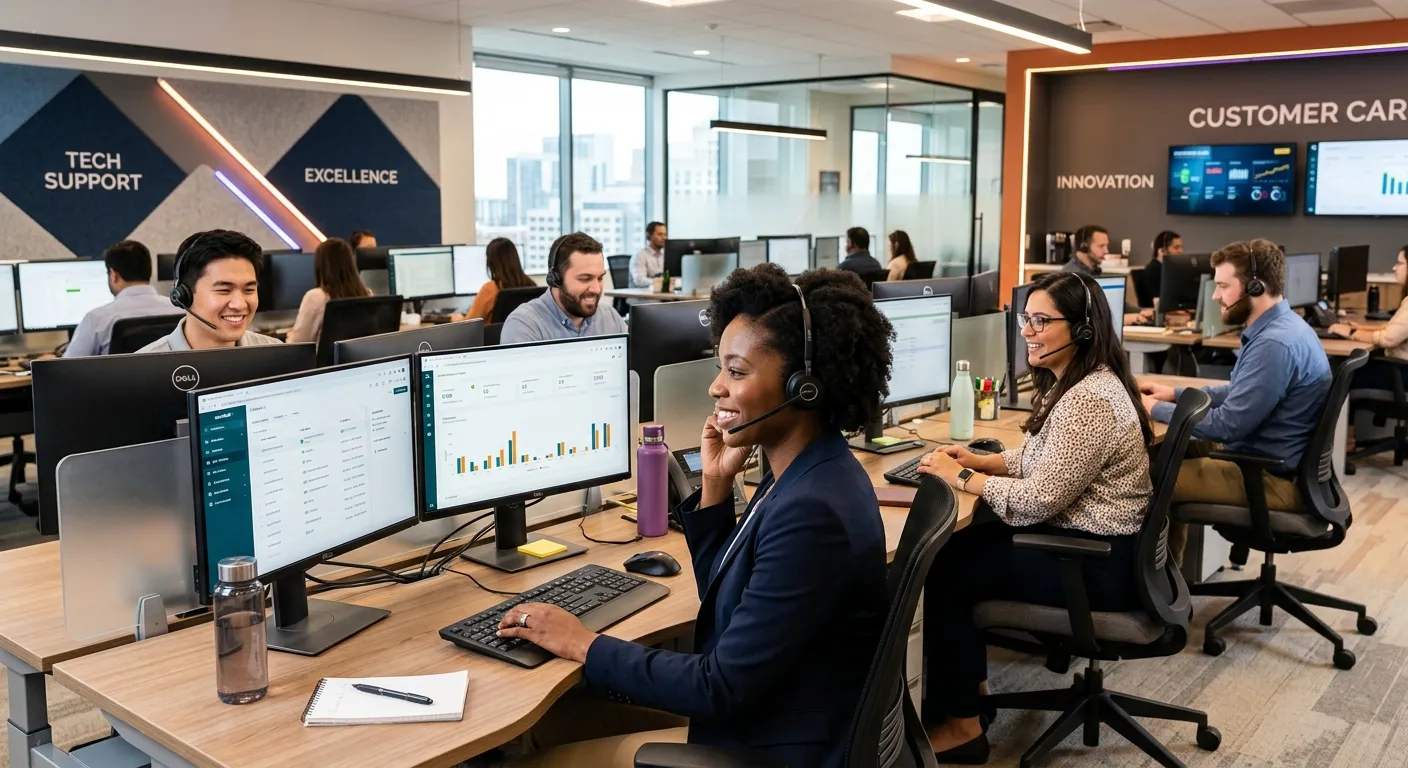 A professional, high-resolution image of a modern, sleek call center environment. Focus on a diverse team of customer service agents wearing headsets, smiling and working at ergonomic stations with multiple monitors. The atmosphere is bright, professional, and high-tech, conveying efficiency and excellence.