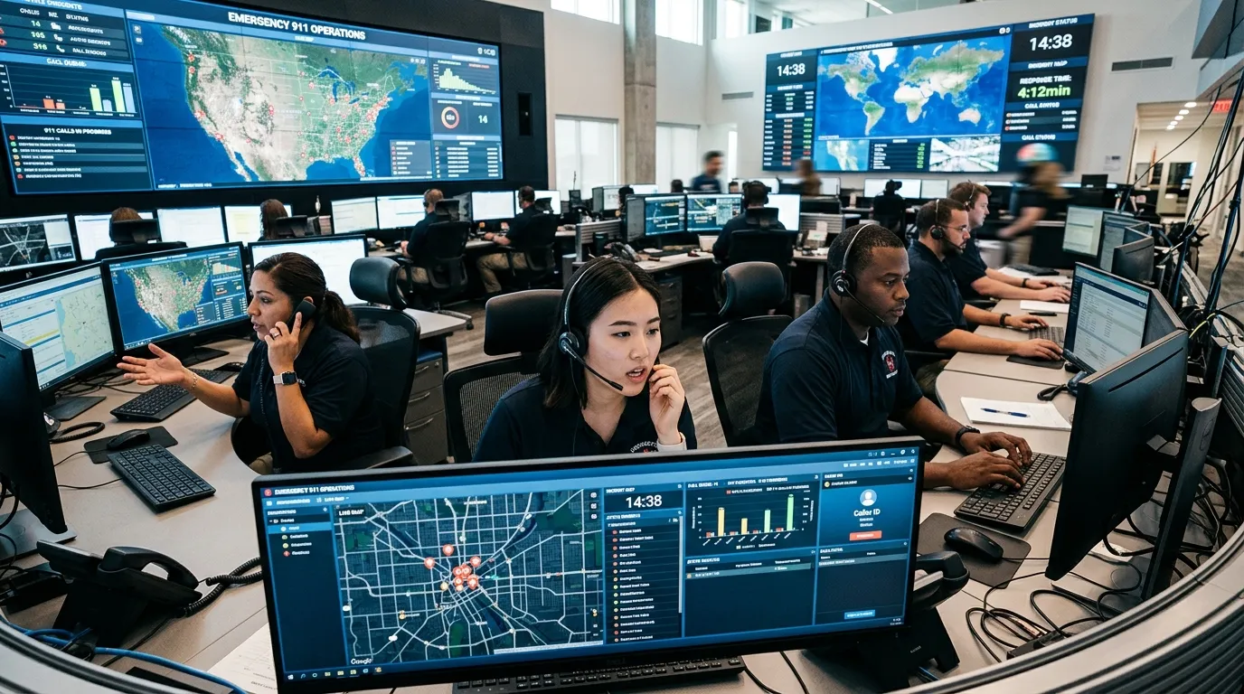 A dynamic, professional hero image showing a diverse team of emergency call handlers wearing headsets in a modern, well-lit operations center. They are focused on multiple screens displaying call metrics and maps. The mood is urgent, competent, and high-tech.