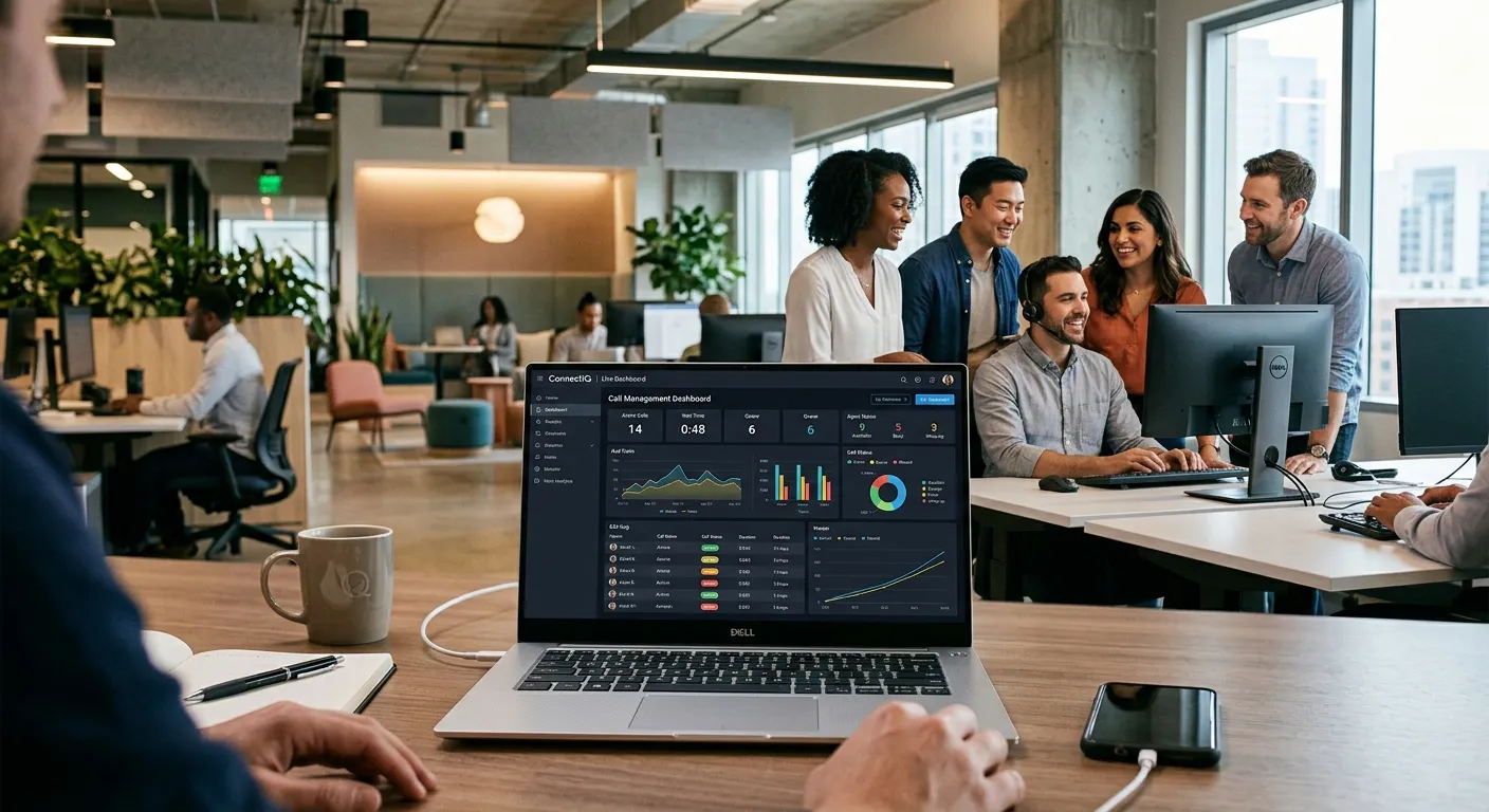 A modern, professional office environment with a laptop screen displaying a sleek call management da... A modern, professional office environment with a laptop screen displaying a sleek call management dashboard. The mood is efficient, high-tech, and connected, with soft focus on a smiling diverse team in the background.
