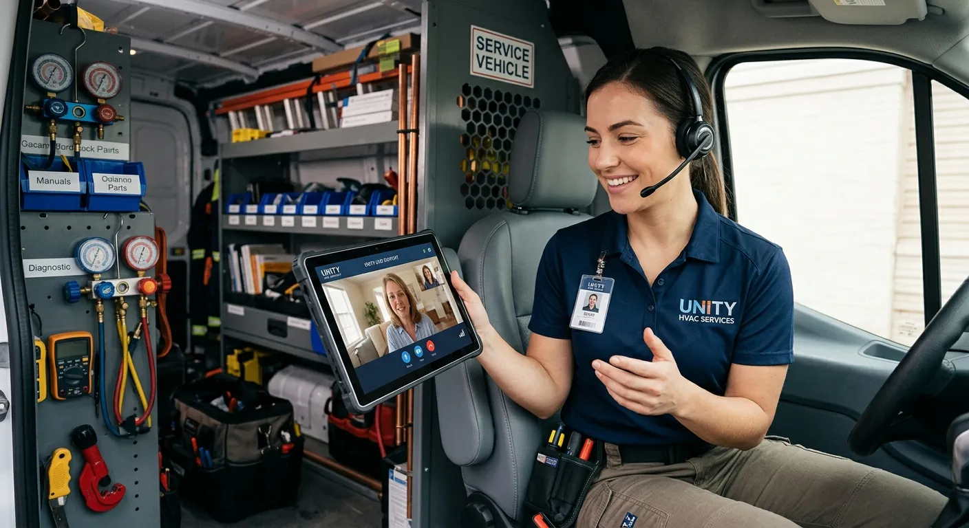 A modern, friendly HVAC technician on a video call with a customer on a tablet, with a blurred backg... A modern, friendly HVAC technician on a video call with a customer on a tablet, with a blurred background of a well-organized service van and tools. Professional, trustworthy, and tech-savvy mood.
