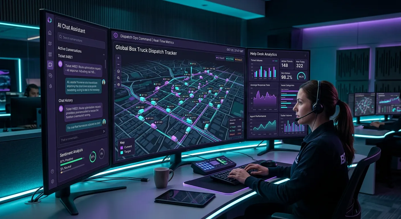 Modern, high-tech command center dashboard with multiple monitors displaying real-time help desk analytics, AI chat interfaces, and a map tracking dispatch services for box trucks. Style: Clean, futuristic, with a purple and cyan glow.