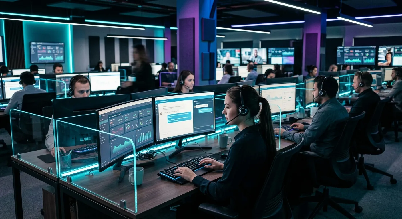 Modern, high-tech customer service center with agents wearing headsets, facing multiple monitors displaying data dashboards and chat interfaces. Moody lighting with cyan and purple accents, conveying efficiency and technology.