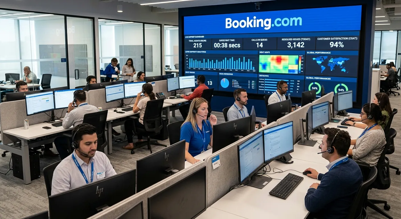 A modern, professional customer service call center with agents wearing headsets, with a large digital screen in the background displaying the Booking.com logo and real-time analytics. Style: Professional, high-tech, clean. Mood: Efficient, innovative, and reliable.