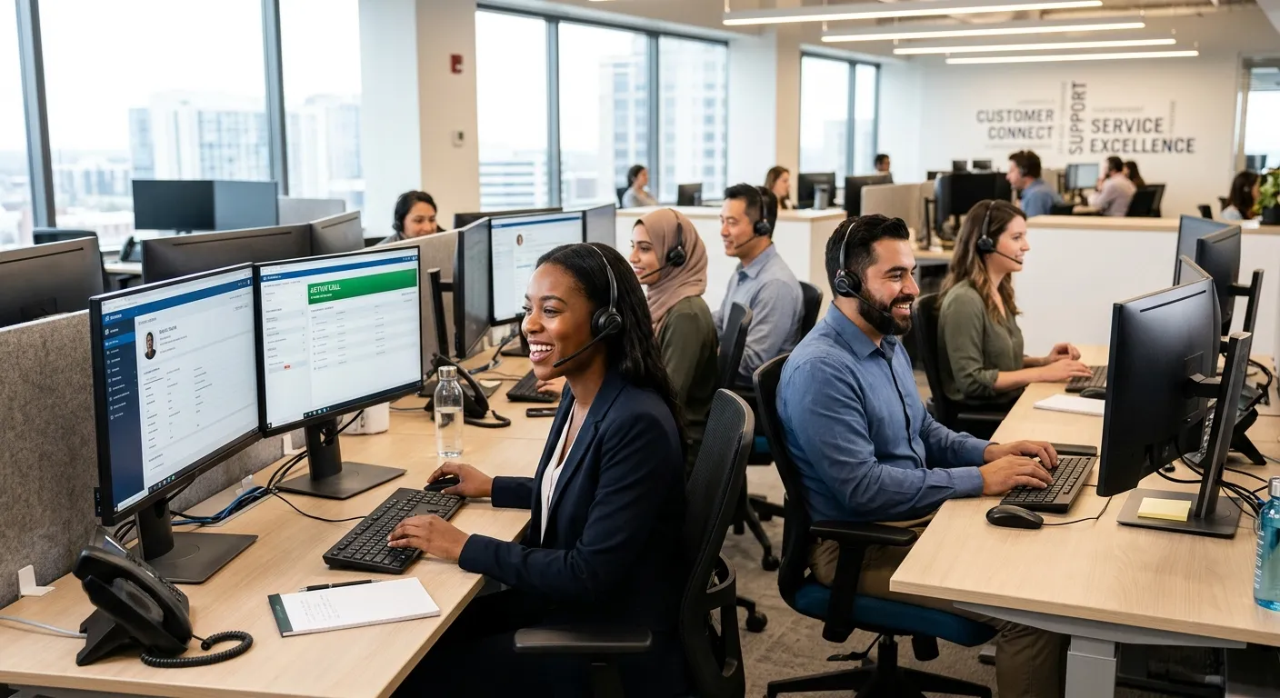 A professional, diverse team of inbound call center representatives wearing headsets, smiling and working in a modern, well-lit office environment. Style: Corporate, professional, high-resolution. Mood: Efficient, collaborative, and customer-focused.