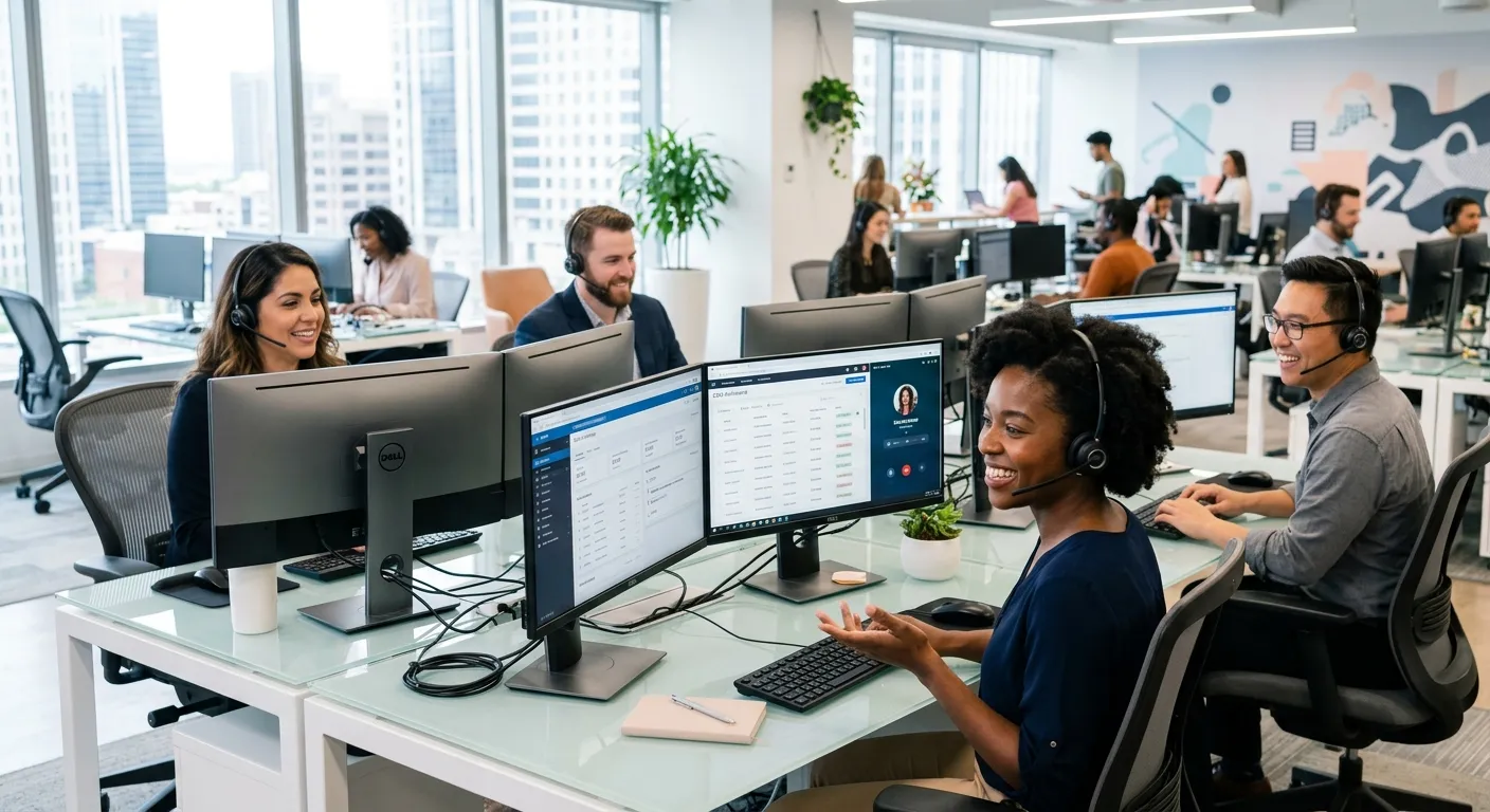 A professional, modern office environment showing a diverse team of remote call center agents working on multiple monitors, wearing headsets, and smiling. The mood is efficient, collaborative, and high-tech. Style: Professional stock photography with a bright, clean aesthetic.
