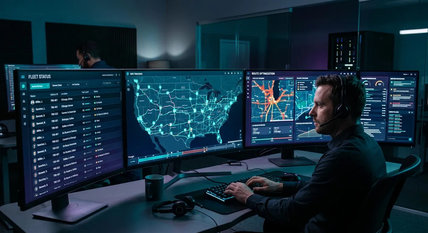 A modern, high-tech trucking dispatch center dashboard with multiple monitors showing live GPS tracking, route optimization maps, and driver status updates. Dark theme with glowing cyan and purple data visualizations.