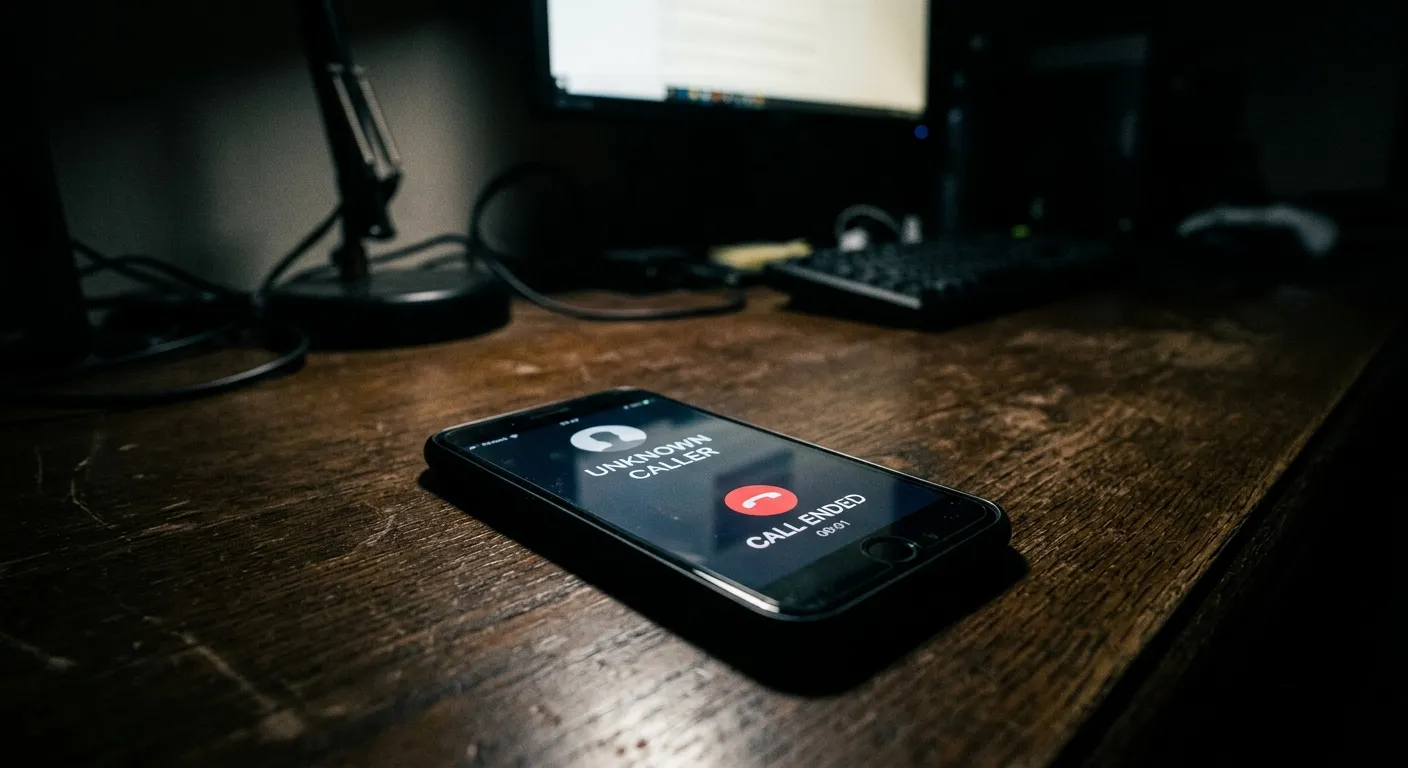 A high-contrast, moody image of a smartphone on a dark desk, screen lit with an incoming call notification that abruptly ends. The visual should convey frustration and mystery, with sharp focus on the phone and blurred background.