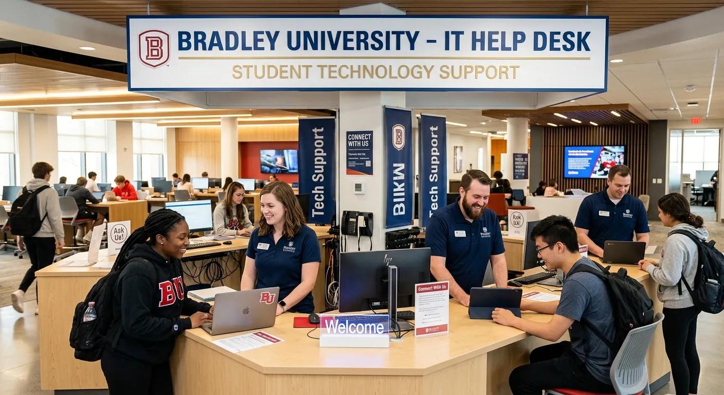 A professional, well-lit photo of a modern, clean IT help desk environment at a university. Friendly IT support staff in Bradley University-branded polo shirts are assisting a diverse group of students with laptops and tablets. The atmosphere is welcoming and high-tech.