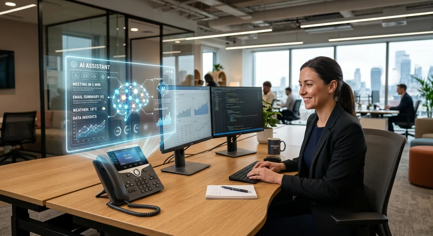 Modern, professional office environment with a glowing, futuristic AI interface floating above a desk phone. The mood is efficient, intelligent, and accessible.