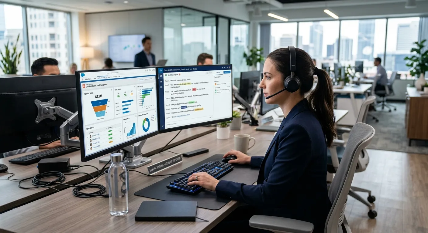 A modern, high-tech office scene. A professional is seen on a dual-monitor setup, one screen shows a CRM dashboard with lead scores, the other shows a live call transcription. The mood is efficient, focused, and technologically advanced.