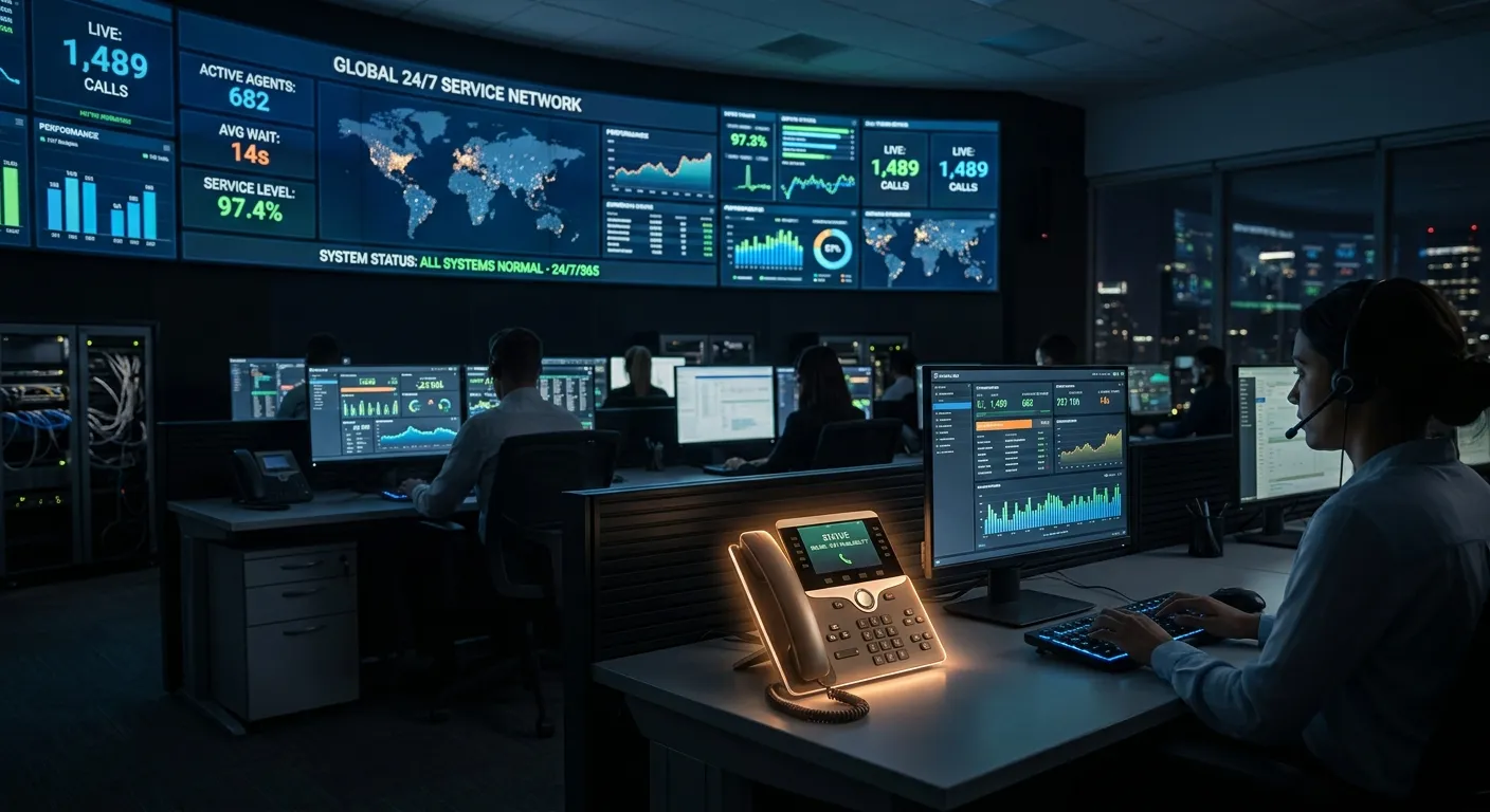 Modern, high-tech command center at night with glowing monitors showing real-time call metrics and 2... Modern, high-tech command center at night with glowing monitors showing real-time call metrics and 24/7 service dashboards, with a subtle focus on a glowing phone symbolizing round-the-clock availability, mood is professional and urgent.