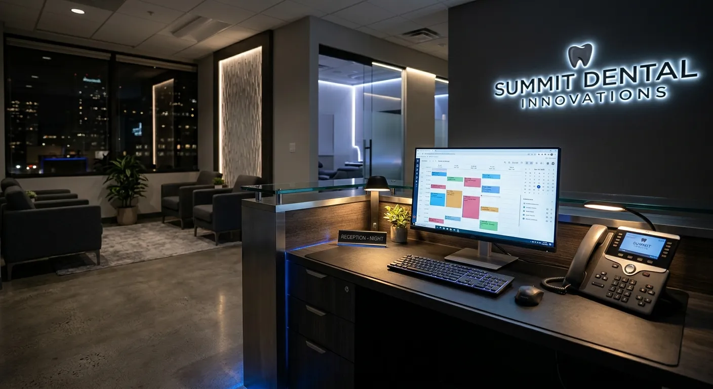 A modern, high-tech dental office reception area at night, with a soft glow from a computer screen showing a scheduling dashboard and a phone highlighted. Mood: Professional, reliable, and technologically advanced.