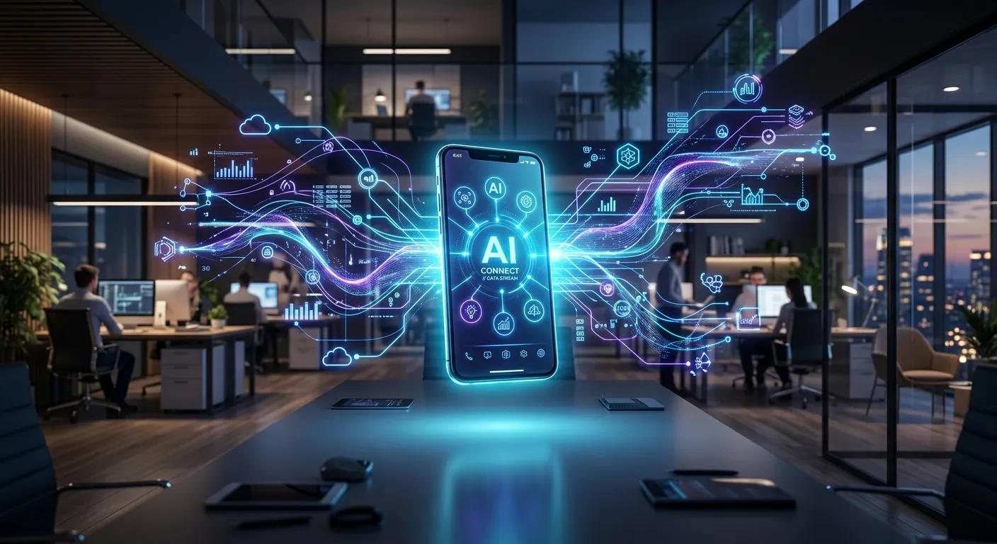 Modern, high-tech office with a glowing smartphone hovering in the center, surrounded by abstract data streams and network connections in shades of indigo and cyan, representing seamless AI communication.