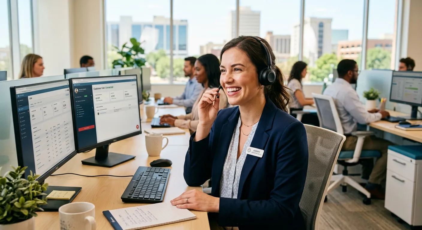 Modern office in Wichita Falls with a professional-looking employee smiling while wearing a headset, answering a call. The style is bright, professional, and confident, with warm lighting suggesting efficiency and customer satisfaction.