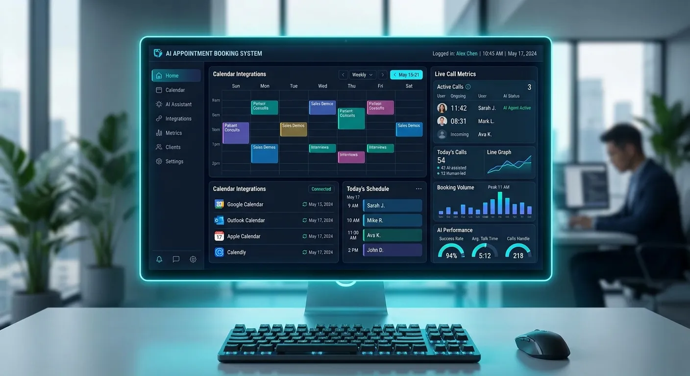 A sleek, high-tech dashboard interface showing an AI appointment booking system in action, with calendar integrations, live call metrics, and a glowing cyan/indigo theme. Style: Modern SaaS UI, digital, professional.
