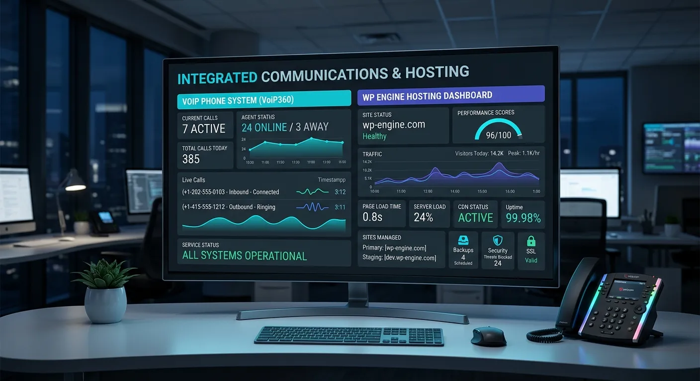 A modern, high-tech office dashboard showing a VoIP phone system integrated with a WP Engine hosting dashboard on a large monitor. Style: Clean, professional, with glowing cyan and indigo accents.