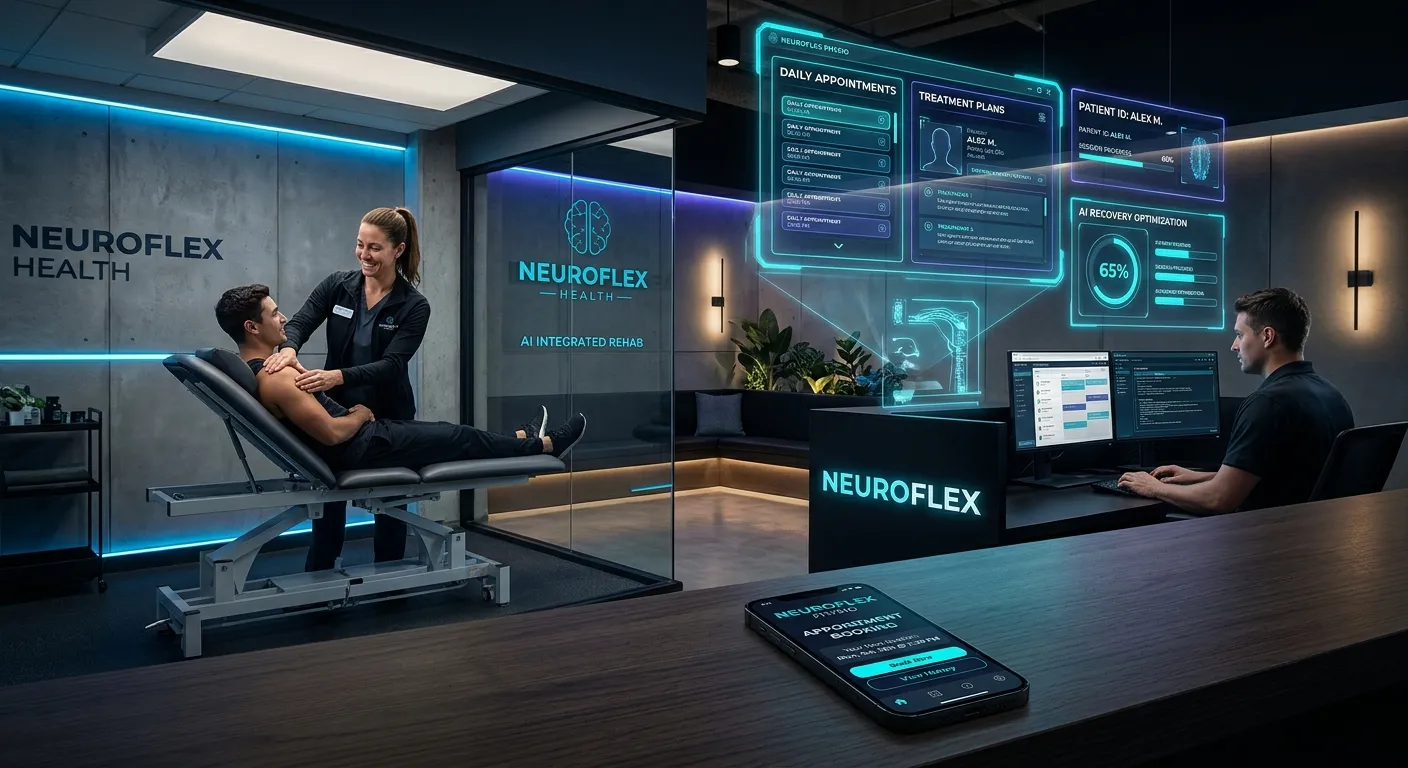 Modern physical therapy clinic reception area with glowing cyan and indigo AI interface overlays, fr... Modern physical therapy clinic reception area with glowing cyan and indigo AI interface overlays, friendly therapist on treatment table, smartphone showing appointment booking, professional high-tech healthcare mood, dark slate background with neon accents