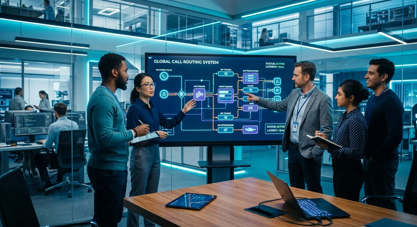 Modern, high-tech office scene with a diverse team collaborating around a large screen displaying vibrant, dynamic call routing flowcharts and network diagrams. Focus on sleek, futuristic technology, glowing UI elements, and an atmosphere of efficiency and innovation. Style: Corporate tech photography with a vibrant cyan/indigo color grade.