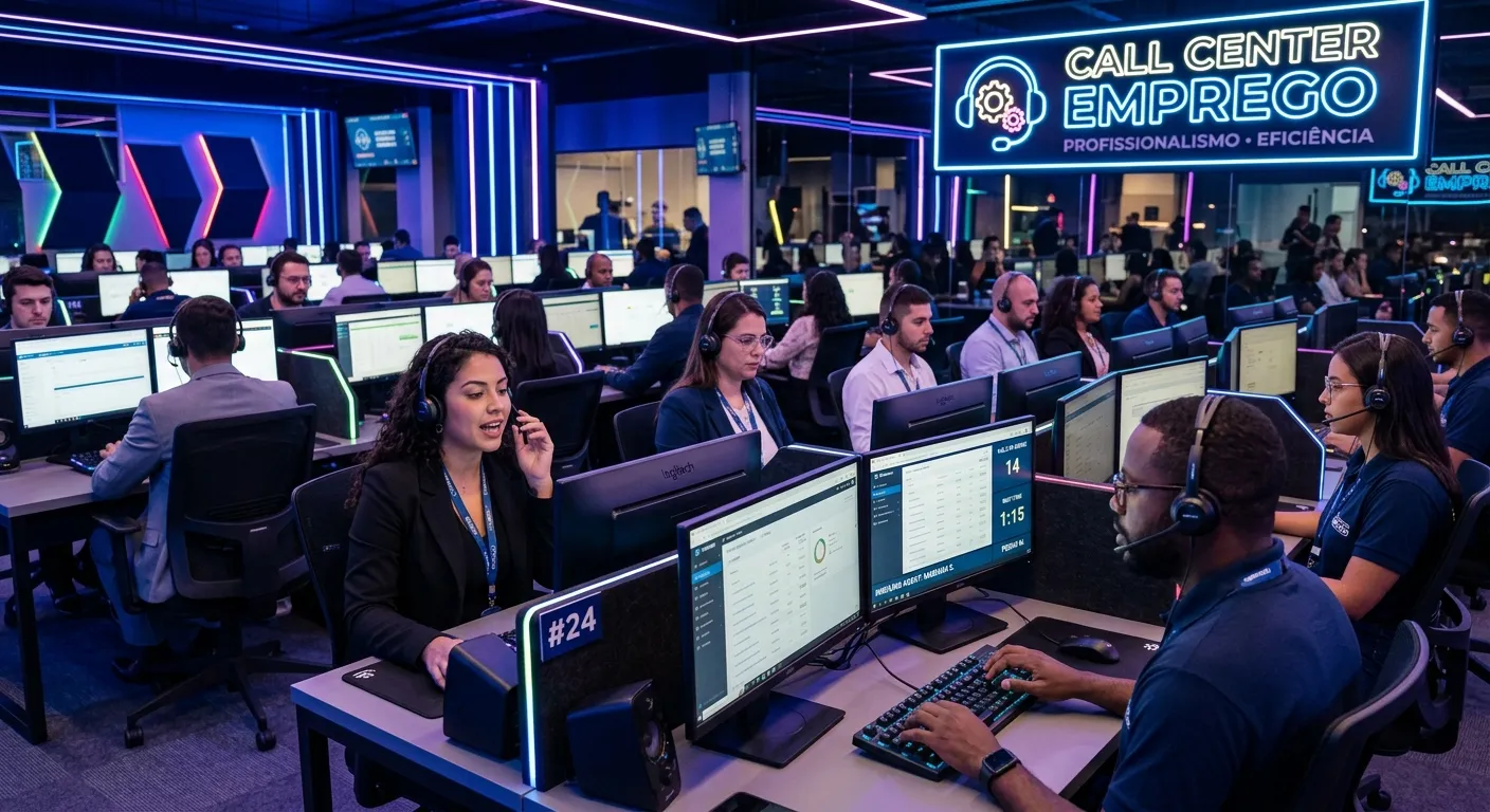 A modern, high-tech inbound call center with diverse agents wearing headsets, illuminated by blue and purple neon lighting, representing a professional and efficient 'Call Center Inbound Emprego' environment.