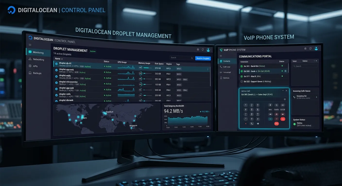 A modern, high-tech command center dashboard showing a Digital Ocean droplet management interface alongside a glowing VoIP phone system UI, symbolizing seamless integration. Style: Dark mode with cyan and indigo accent lights.