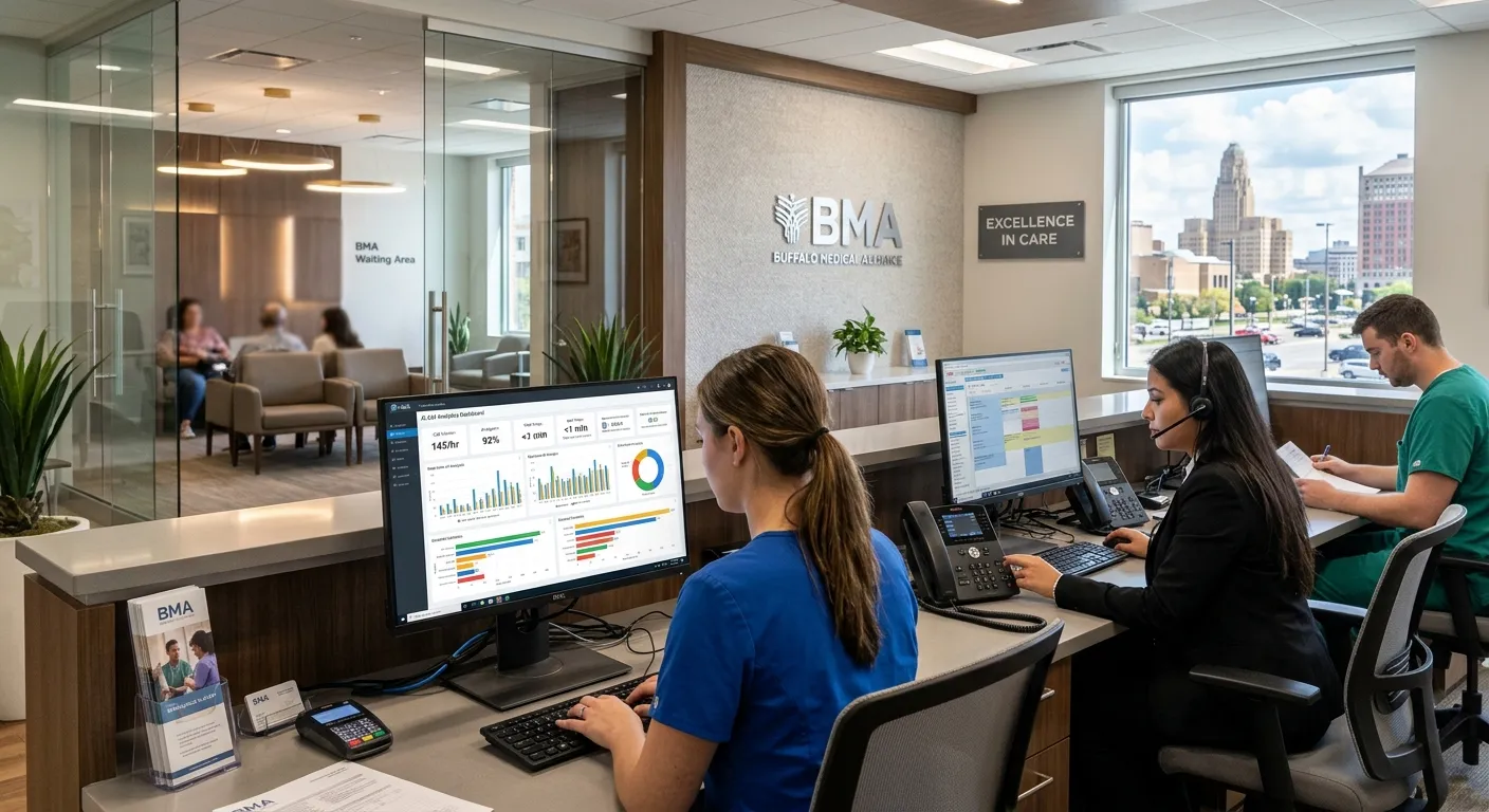 A modern, professional medical office in Buffalo, NY, with a sleek phone system and computer screens... A modern, professional medical office in Buffalo, NY, with a sleek phone system and computer screens showing AI call analytics dashboards, conveying efficiency and advanced technology.