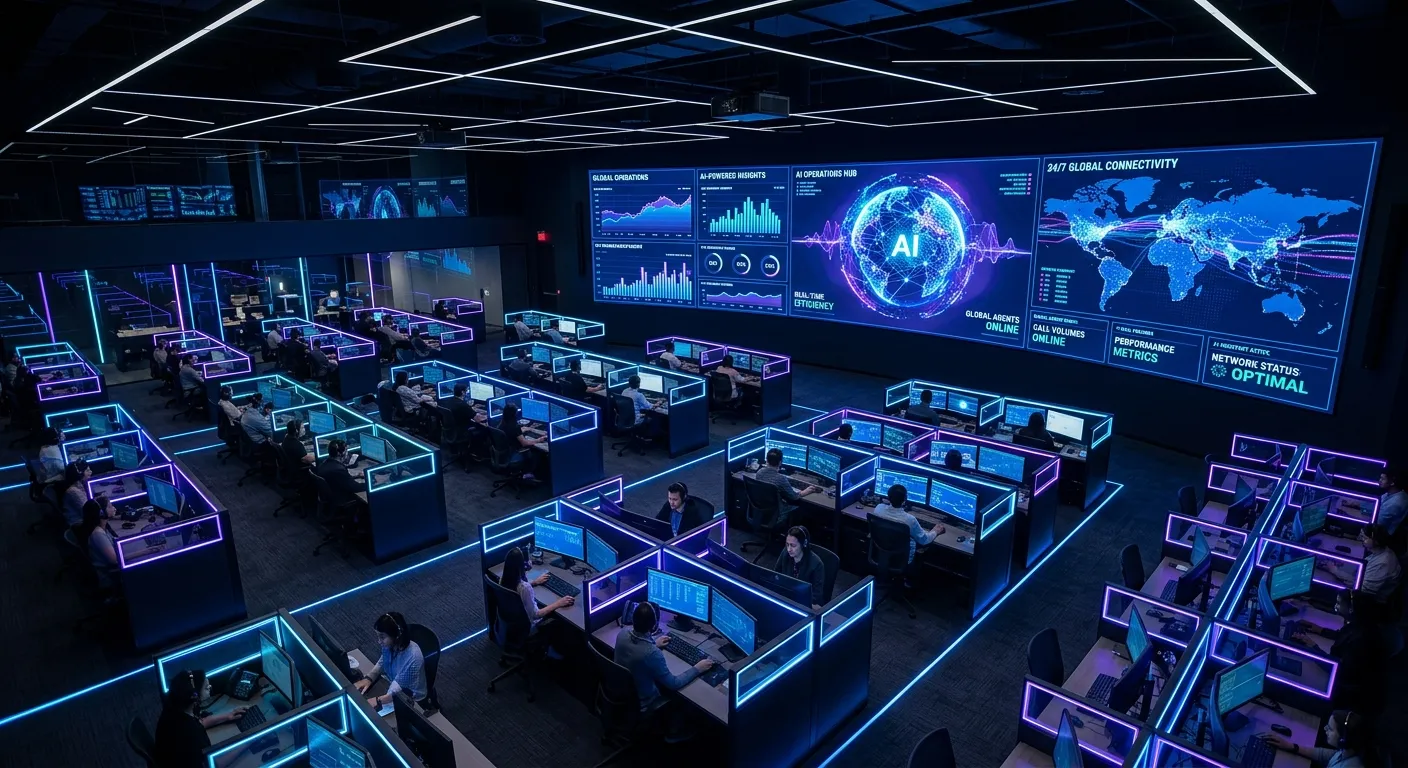 A modern, high-tech call center operations room viewed from above, with glowing blue and purple data visualizations on large screens, symbolizing AI-powered efficiency and 24/7 global connectivity. Dark, moody lighting with neon accents.