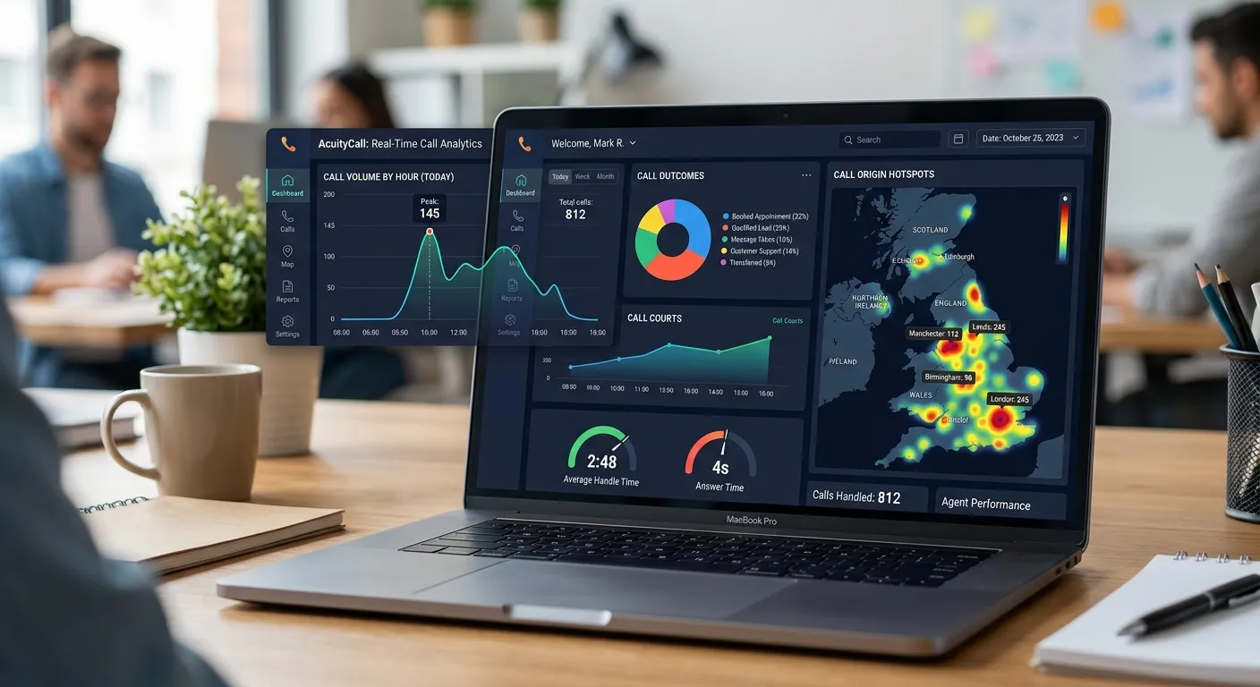 An infographic dashboard on a laptop screen showing analytics from a call answering service: graphs of call volume by hour, pie charts of call outcomes (e.g., booked, qualified, message taken), and a map of the UK with call origin hotspots.