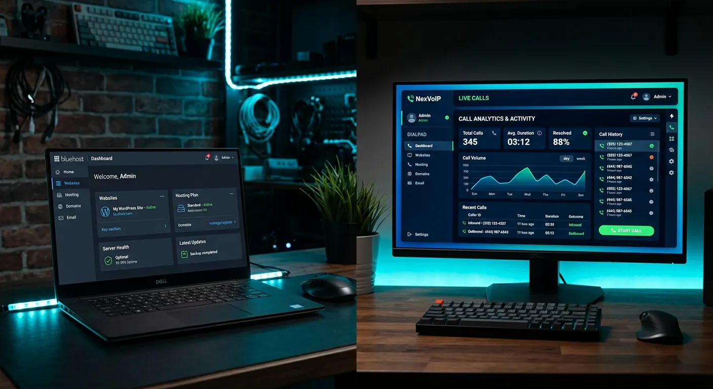 A modern tech workspace split-screen: left side shows a Bluehost dashboard on a laptop, right side shows a glowing, sleek VoIP phone interface with call analytics, all on a dark background with cyan accent lighting.