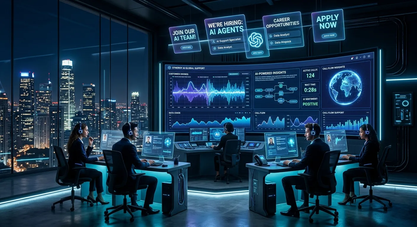 A futuristic dark AI-themed inbound call center dashboard with glowing indigo and cyan waveforms, diverse agents wearing headsets, floating hiring job cards, and a city skyline, ultra-modern SaaS style, high contrast, professional mood