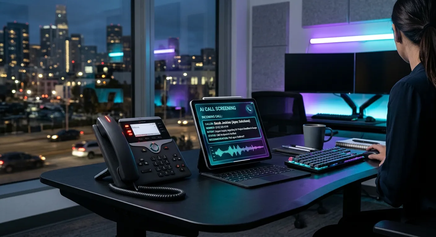 A modern, high-tech office desk with a landline phone ringing. The screen of a nearby tablet shows a... A modern, high-tech office desk with a landline phone ringing. The screen of a nearby tablet shows an AI interface intelligently screening the call, displaying caller info and intent. The mood is professional, efficient, and futuristic, with a cool cyan and purple glow.