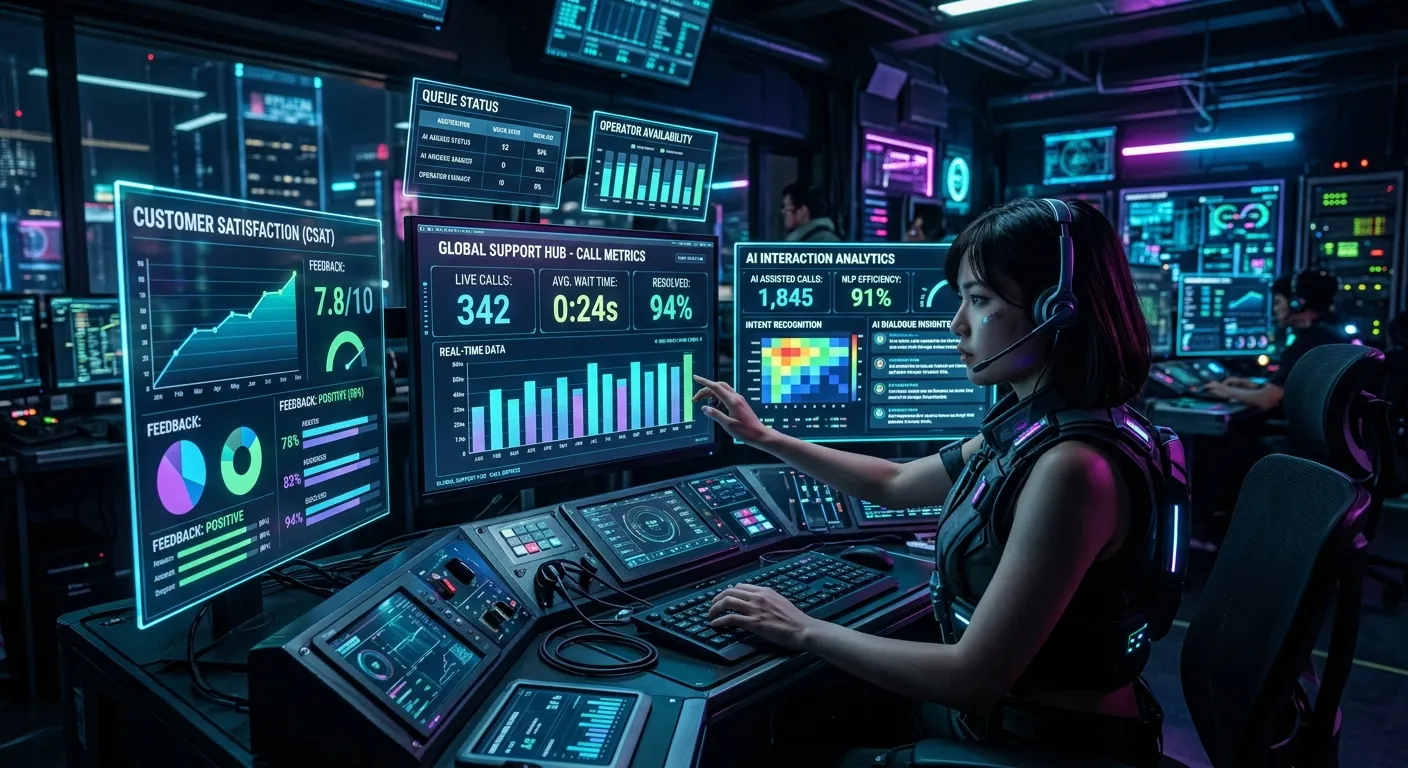 A futuristic, high-tech control room dashboard with multiple glowing screens displaying call metrics, customer satisfaction graphs, and AI interaction analytics. Style: Cyberpunk-inspired, dark with neon cyan and purple highlights, sharp focus.