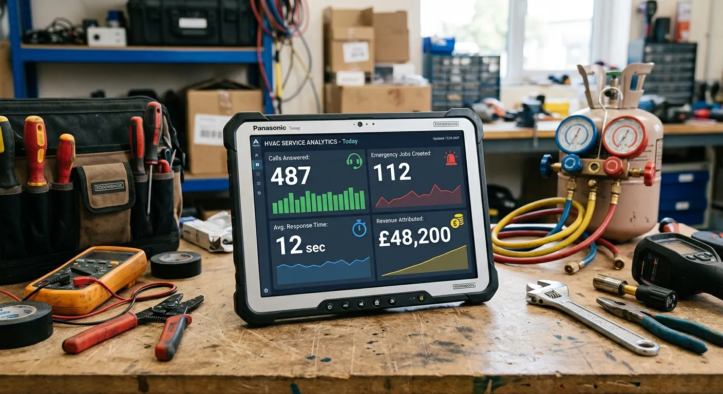 An analytics dashboard on a tablet screen showing clear metrics: