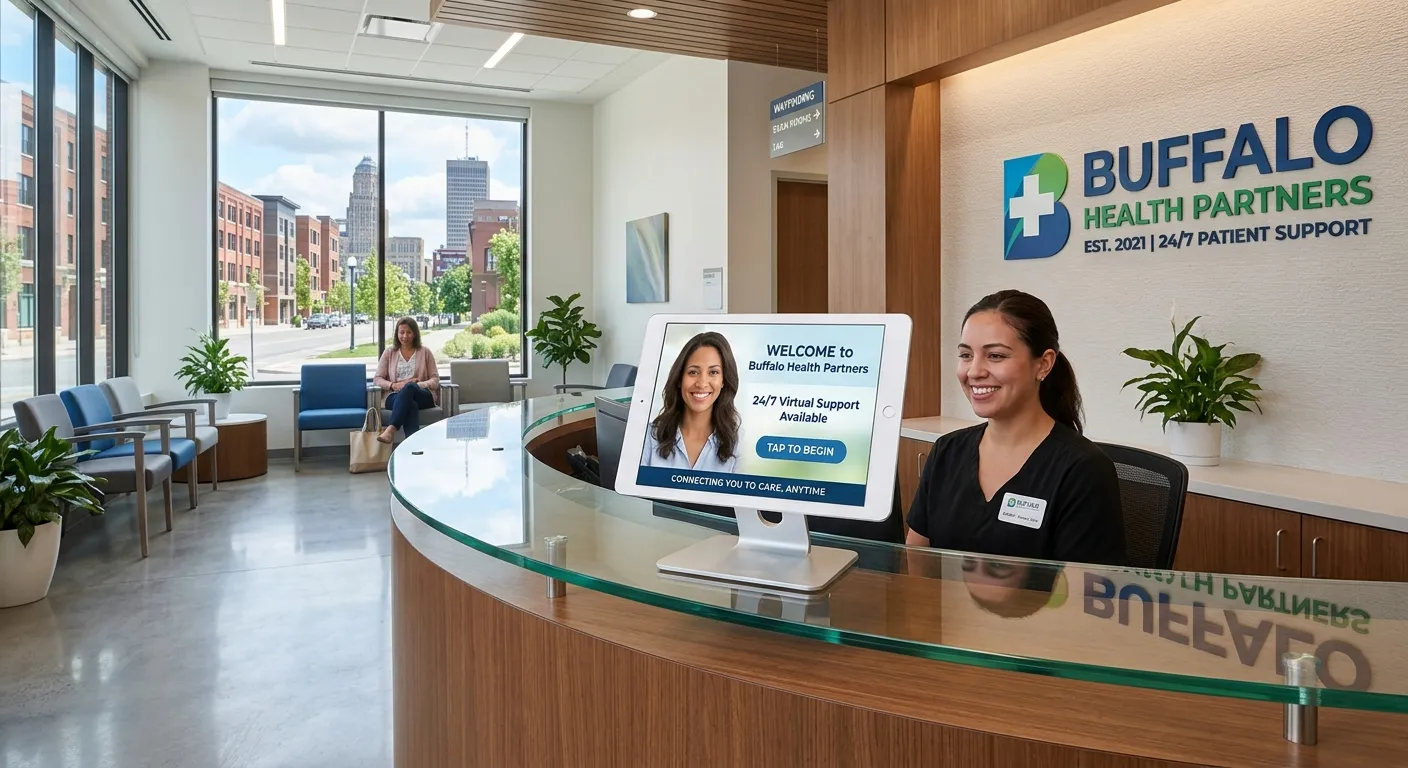 A modern, professional healthcare reception area in Buffalo, NY, with a friendly virtual receptionist interface displayed on a tablet, symbolizing 24/7 patient communication. Style: Clean, professional, with a focus on technology and healthcare. Mood: Trustworthy, efficient, advanced.