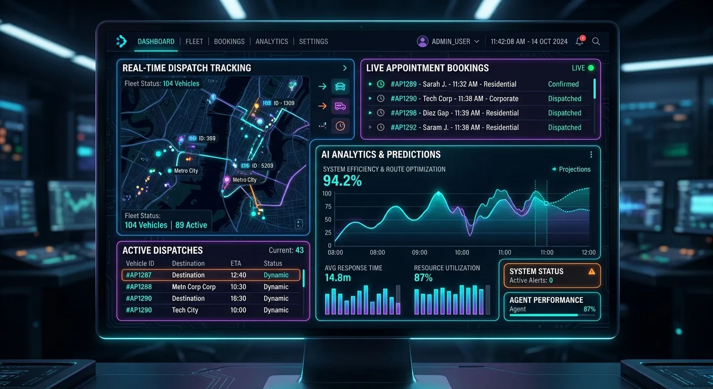 A dynamic, high-tech dashboard interface on a dark screen, showing real-time dispatch tracking, AI analytics graphs, and live appointment bookings. Style: Modern tech SaaS, glowing data visualizations, cyberpunk aesthetic.