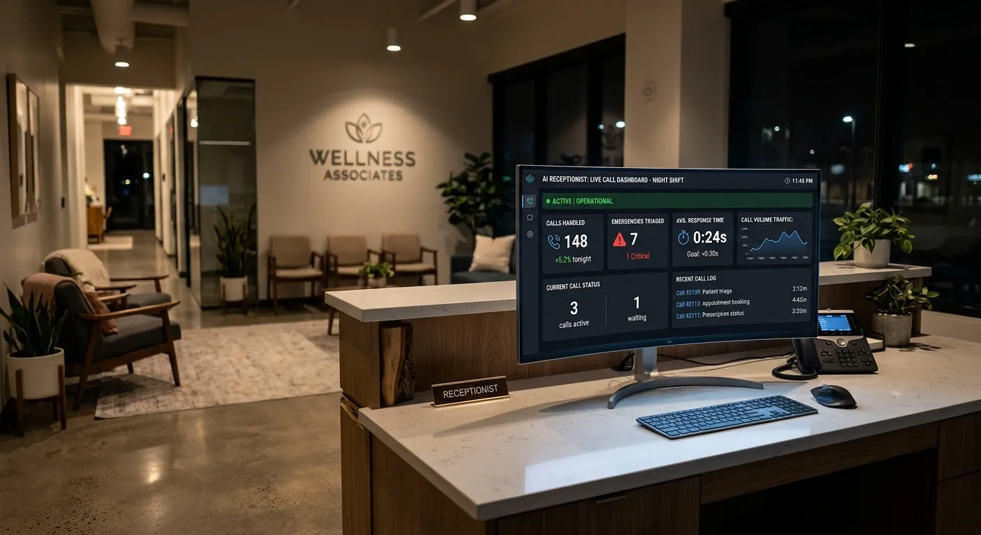 A modern medical office reception area at night, with a sleek monitor on the desk showing a live AI... A modern medical office reception area at night, with a sleek monitor on the desk showing a live AI call dashboard with metrics like