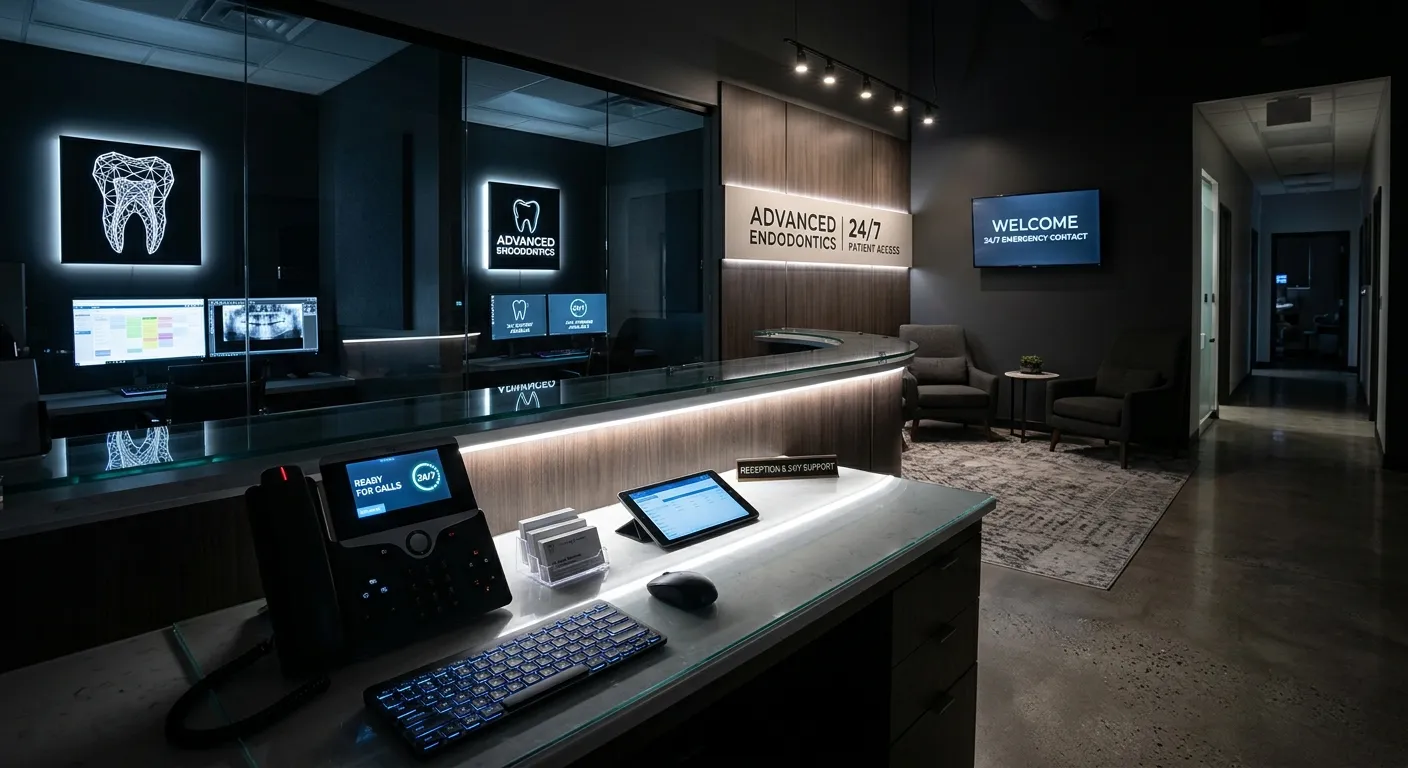 A modern, professional endodontist office reception area at night, with a softly glowing phone on the desk symbolizing 24/7 availability. Style: High-tech, clean, with a focus on communication technology.