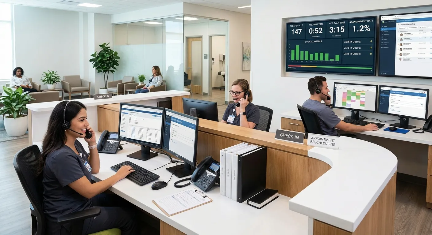 A modern medical office front desk with staff answering phones, digital dashboards showing call metrics, and a secure patient communication interface