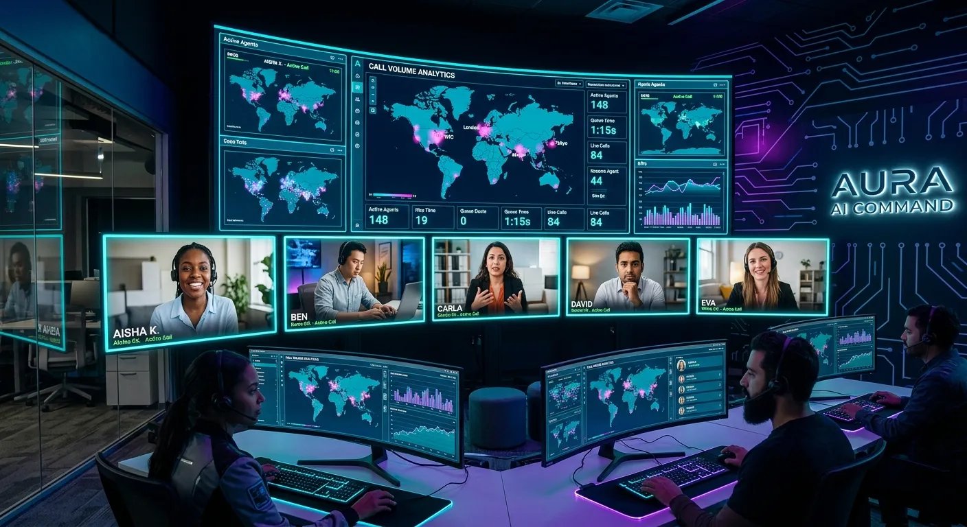A dynamic, high-tech command center at night. Multiple monitors display call volume analytics and maps. A diverse team of remote agents, visible via glowing video call panels on screens, works diligently. Style: modern, cinematic, with neon cyan and purple accents highlighting the AI tech.