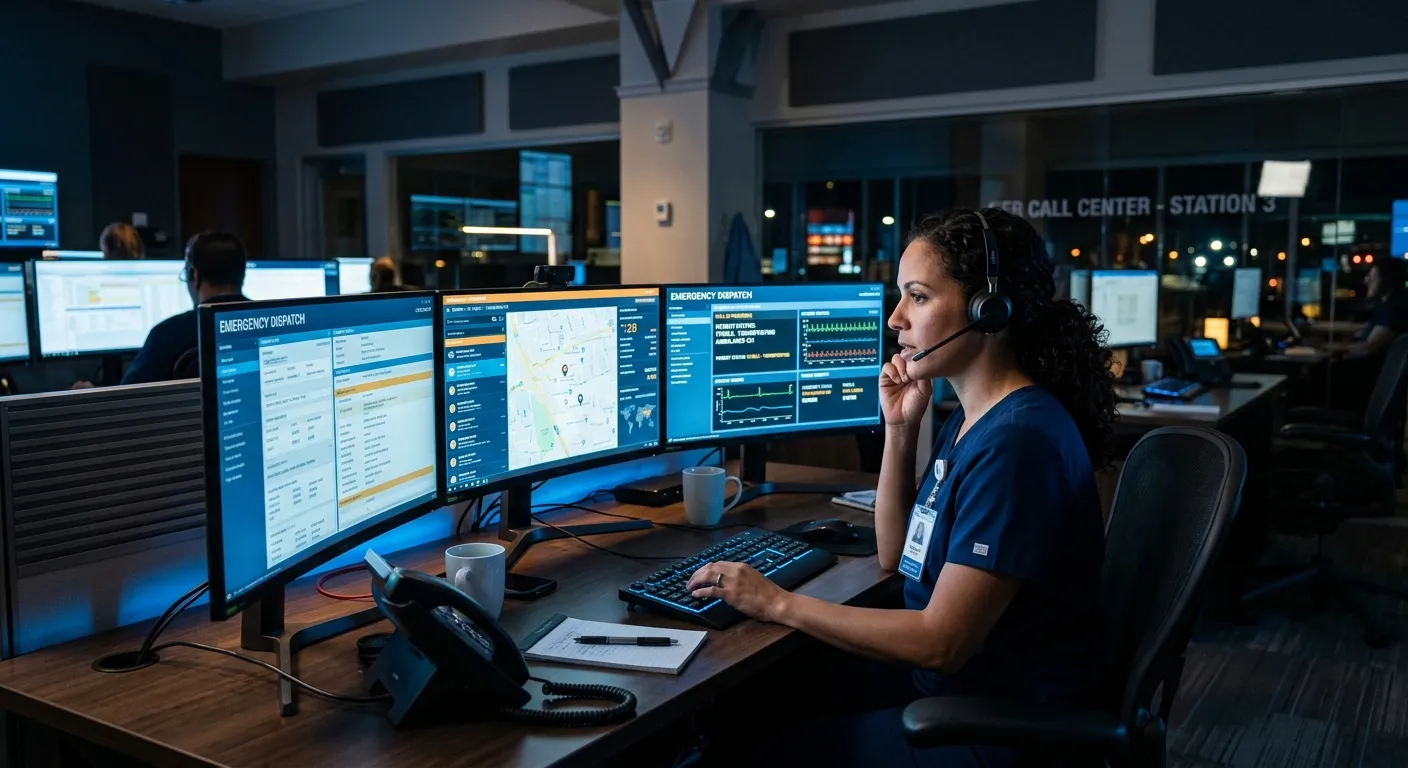 A modern, high-tech hospital emergency room call center at night, showing multiple monitors with patient data, a soft blue glow from the screens, and a calm, professional operator wearing a headset.